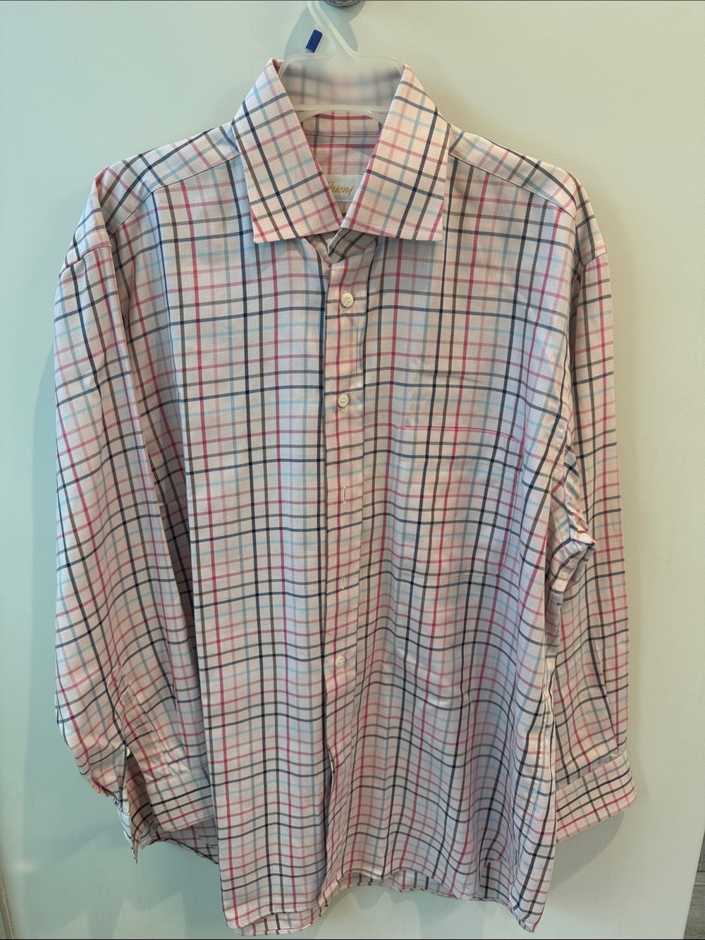 Brioni White Dress Shirt with Pink and Blue Windowpane Plaid